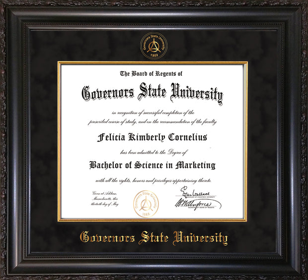 Image of Governor's State University Diploma Frame - Vintage Black Scoop - w/Embossed GSU Seal & Name - Fillet - Black Suede mat