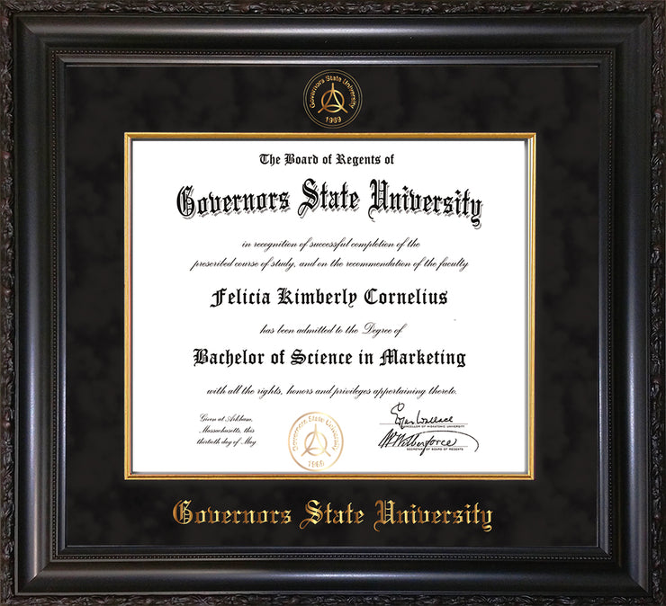 Image of Governor's State University Diploma Frame - Vintage Black Scoop - w/Embossed GSU Seal & Name - Fillet - Black Suede mat