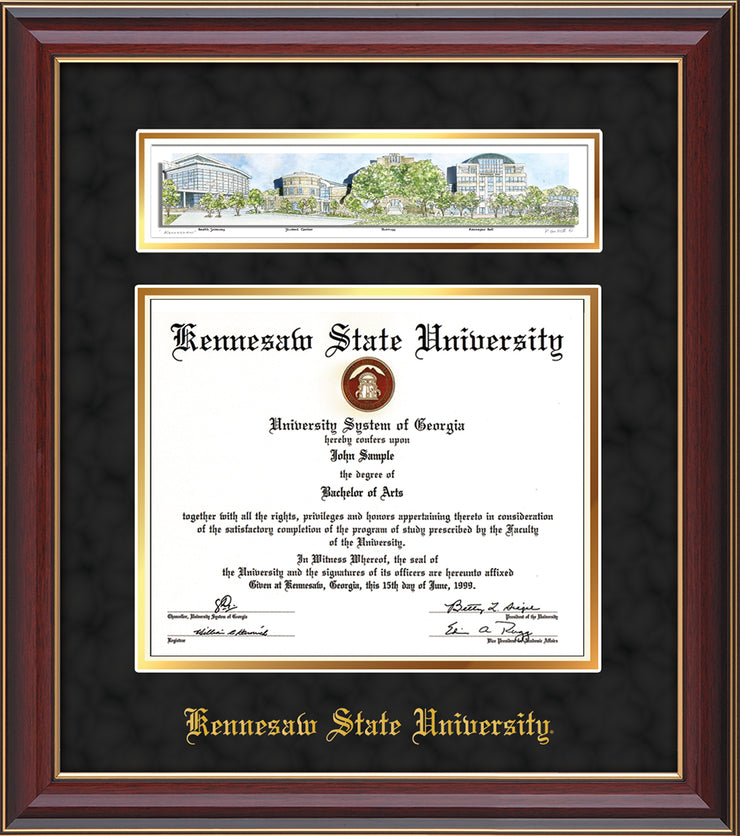Image of Kennesaw State University Diploma Frame - Cherry Lacquer - w/Embossed School Name Only - Campus Collage - Black Suede on Gold mat