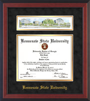 Image of Kennesaw State University Diploma Frame - Cherry Reverse - w/Embossed School Name Only - Campus Collage - Black Suede on Gold mat