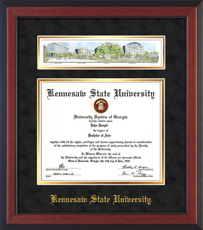 Image of Kennesaw State University Diploma Frame - Cherry Reverse - w/Embossed School Name Only - Campus Collage - Black Suede on Gold mat