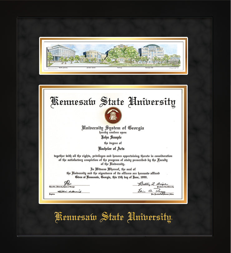 Image of Kennesaw State University Diploma Frame - Flat Matte Black - w/Embossed School Name Only - Campus Collage - Black Suede on Gold mat