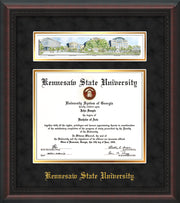 Image of Kennesaw State University Diploma Frame - Mahogany Braid - w/Embossed School Name Only - Campus Collage - Black Suede on Gold mat