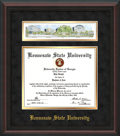 Image of Kennesaw State University Diploma Frame - Mahogany Braid - w/Embossed School Name Only - Campus Collage - Black Suede on Gold mat