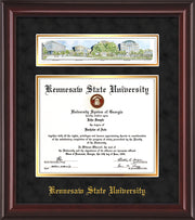 Image of Kennesaw State University Diploma Frame - Mahogany Lacquer - w/Embossed School Name Only - Campus Collage - Black Suede on Gold mat