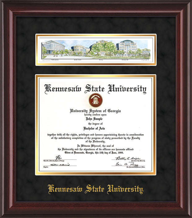 Image of Kennesaw State University Diploma Frame - Mahogany Lacquer - w/Embossed School Name Only - Campus Collage - Black Suede on Gold mat