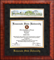 Image of Kennesaw State University Diploma Frame - Mezzo Gloss - w/Embossed School Name Only - Campus Collage - Black Suede on Gold mat