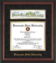 Image of Kennesaw State University Diploma Frame - Rosewood - w/Embossed School Name Only - Campus Collage - Black Suede on Gold mat