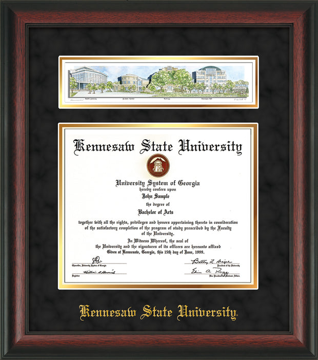 Image of Kennesaw State University Diploma Frame - Rosewood - w/Embossed School Name Only - Campus Collage - Black Suede on Gold mat