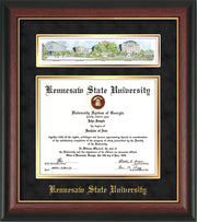 Image of Kennesaw State University Diploma Frame - Rosewood w/Gold Lip - w/Embossed School Name Only - Campus Collage - Black Suede on Gold mat