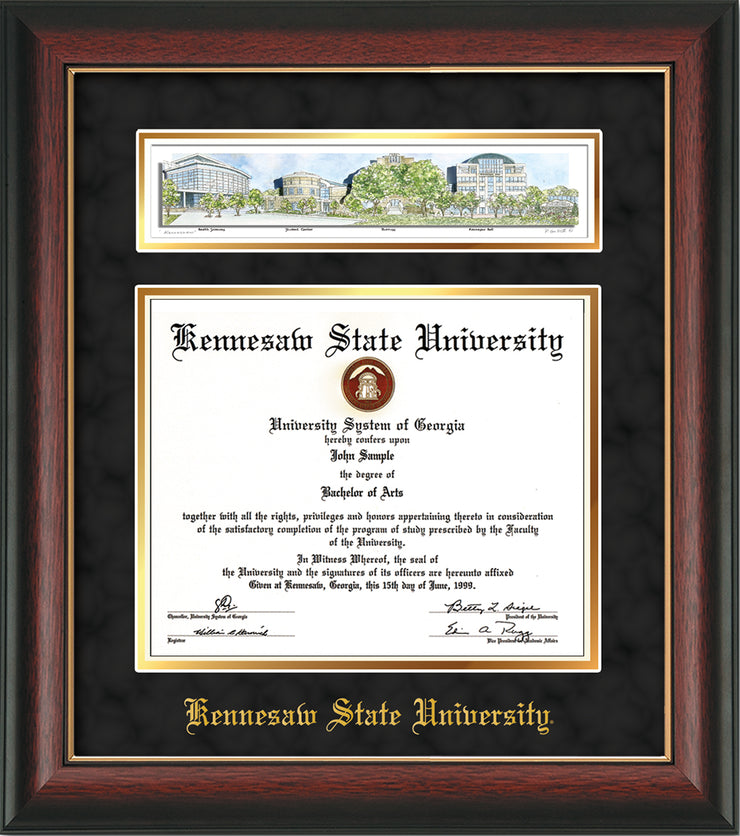 Image of Kennesaw State University Diploma Frame - Rosewood w/Gold Lip - w/Embossed School Name Only - Campus Collage - Black Suede on Gold mat