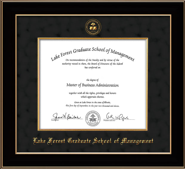 Image of Lake Forest Graduate School of Management Diploma Frame - Black Lacquer - w/Embossed LFGSM Seal & Name - with Museum Glass - Fillet - Black Suede mat