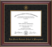 Image of Lake Forest Graduate School of Management Diploma Frame - Cherry Lacquer - w/Embossed LFGSM Seal & Name - with Museum Glass - Fillet - Black Suede mat