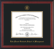 Image of Lake Forest Graduate School of Management Diploma Frame - Cherry Reverse - w/Embossed LFGSM Seal & Name - with Museum Glass - Black on Gold mat