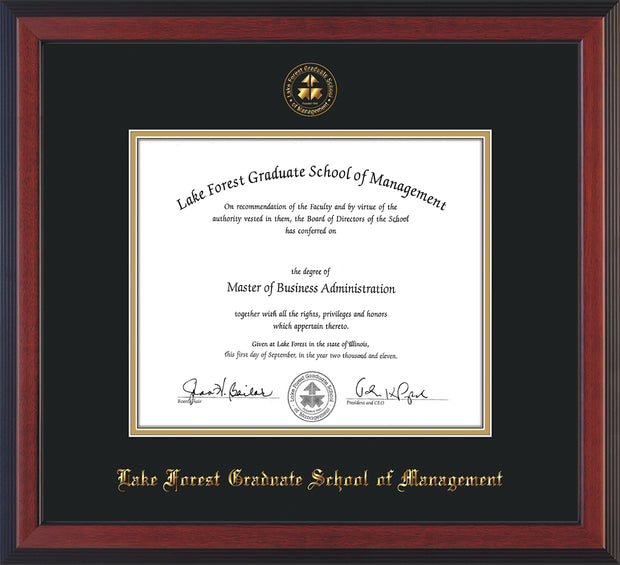 Image of Lake Forest Graduate School of Management Diploma Frame - Cherry Reverse - w/Embossed LFGSM Seal & Name - with Museum Glass - Black on Gold mat