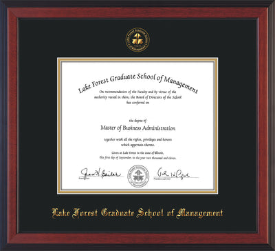 Image of Lake Forest Graduate School of Management Diploma Frame - Cherry Reverse - w/Embossed LFGSM Seal & Name - with UV Glass - Black on Gold mat