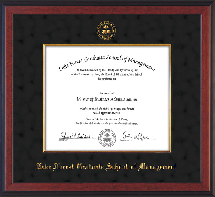 Image of Lake Forest Graduate School of Management Diploma Frame - Cherry Reverse - w/Embossed LFGSM Seal & Name - with Museum Glass - Fillet - Black Suede mat