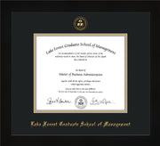 Image of Lake Forest Graduate School of Management Diploma Frame - Flat Matte Black - w/Embossed LFGSM Seal & Name - with Museum Glass - Black on Gold mat