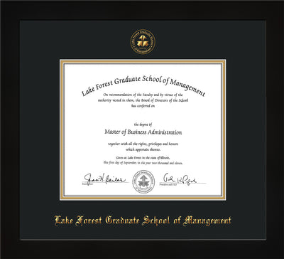 Image of Lake Forest Graduate School of Management Diploma Frame - Flat Matte Black - w/Embossed LFGSM Seal & Name - with Museum Glass - Black on Gold mat