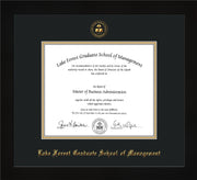 Image of Lake Forest Graduate School of Management Diploma Frame - Flat Matte Black - w/Embossed LFGSM Seal & Name - with UV Glass - Black on Gold mat