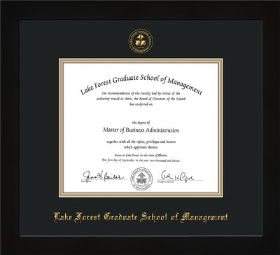 Image of Lake Forest Graduate School of Management Diploma Frame - Flat Matte Black - w/Embossed LFGSM Seal & Name - with UV Glass - Black on Gold mat