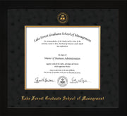 Image of Lake Forest Graduate School of Management Diploma Frame - Flat Matte Black - w/Embossed LFGSM Seal & Name - with Museum Glass - Fillet - Black Suede mat