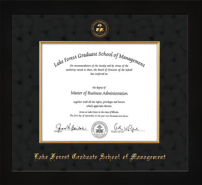 Image of Lake Forest Graduate School of Management Diploma Frame - Flat Matte Black - w/Embossed LFGSM Seal & Name - with Museum Glass - Fillet - Black Suede mat