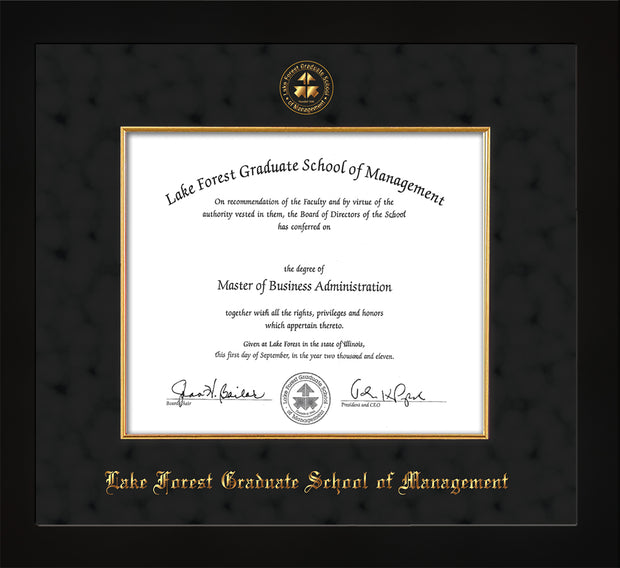 Image of Lake Forest Graduate School of Management Diploma Frame - Flat Matte Black - w/Embossed LFGSM Seal & Name - with Museum Glass - Fillet - Black Suede mat