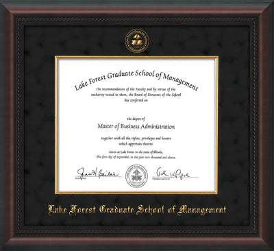 Image of Lake Forest Graduate School of Management Diploma Frame - Mahogany Braid - w/Embossed LFGSM Seal & Name - with Museum Glass - Fillet - Black Suede mat