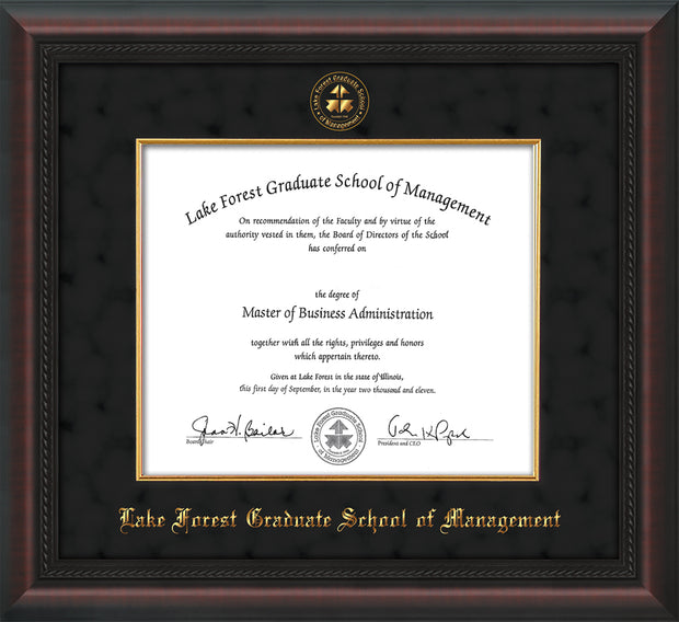 Image of Lake Forest Graduate School of Management Diploma Frame - Mahogany Braid - w/Embossed LFGSM Seal & Name - with Museum Glass - Fillet - Black Suede mat