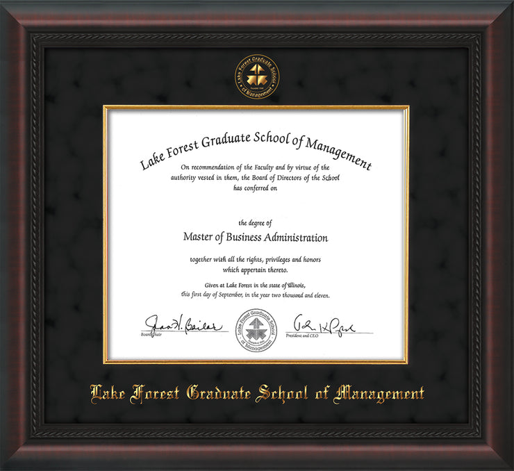 Image of Lake Forest Graduate School of Management Diploma Frame - Mahogany Braid - w/Embossed LFGSM Seal & Name - with Museum Glass - Fillet - Black Suede mat