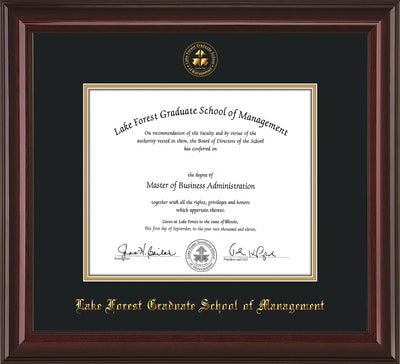 Image of Lake Forest Graduate School of Management Diploma Frame - Mahogany Lacquer - w/Embossed LFGSM Seal & Name - with Museum Glass - Black on Gold mat