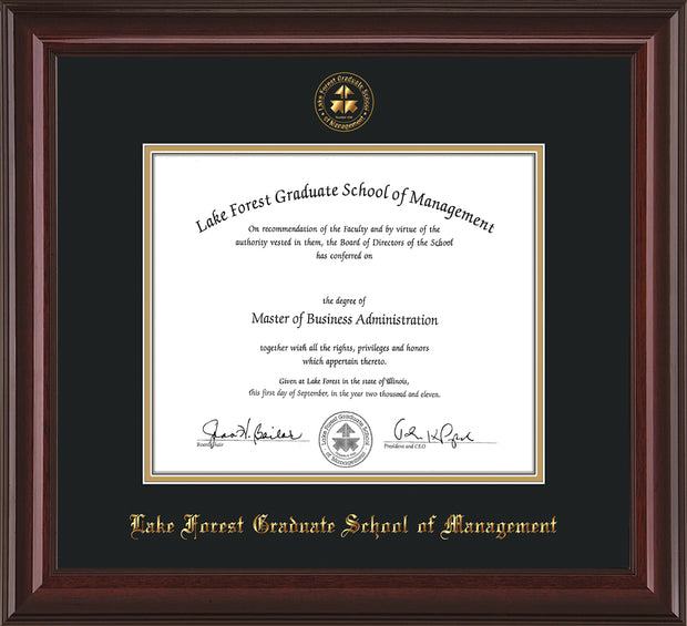 Image of Lake Forest Graduate School of Management Diploma Frame - Mahogany Lacquer - w/Embossed LFGSM Seal & Name - with Museum Glass - Black on Gold mat