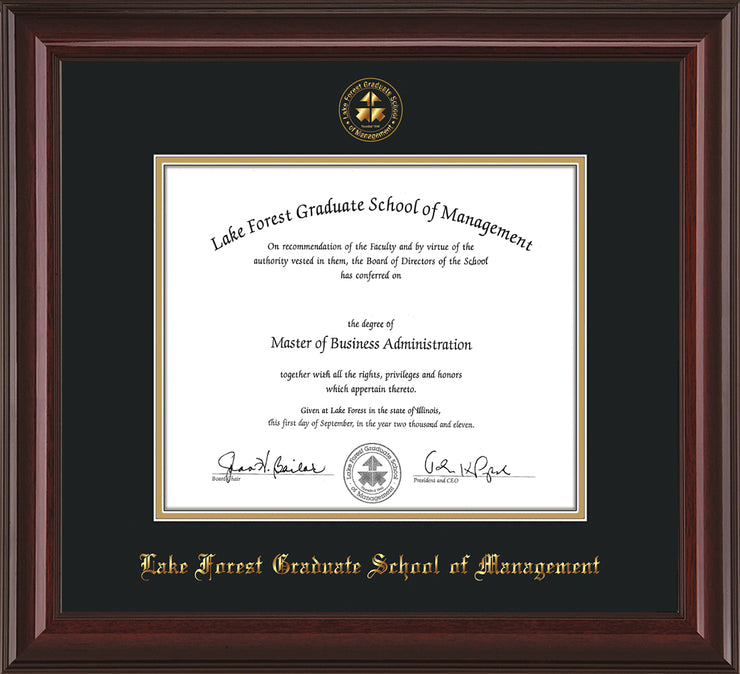 Image of Lake Forest Graduate School of Management Diploma Frame - Mahogany Lacquer - w/Embossed LFGSM Seal & Name - with Museum Glass - Black on Gold mat