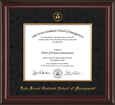 Image of Lake Forest Graduate School of Management Diploma Frame - Mahogany Lacquer - w/Embossed LFGSM Seal & Name - with Museum Glass - Fillet - Black Suede mat