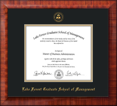 Image of Lake Forest Graduate School of Management Diploma Frame - Mezzo Gloss - w/Embossed LFGSM Seal & Name - with UV Glass - Black on Gold mat