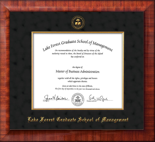Image of Lake Forest Graduate School of Management Diploma Frame - Mezzo Gloss - w/Embossed LFGSM Seal & Name - with Museum Glass - Fillet - Black Suede mat