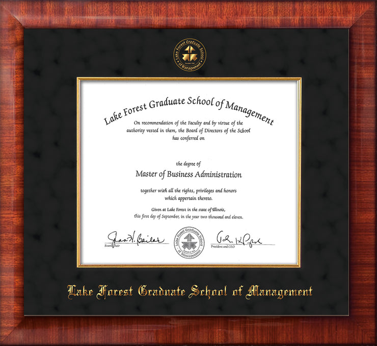 Image of Lake Forest Graduate School of Management Diploma Frame - Mezzo Gloss - w/Embossed LFGSM Seal & Name - with Museum Glass - Fillet - Black Suede mat