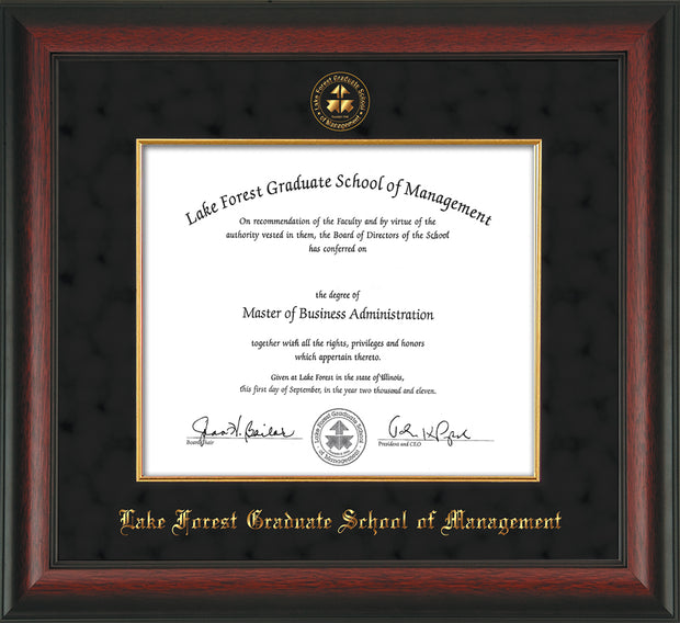 Image of Lake Forest Graduate School of Management Diploma Frame - Mahogany Braid - w/Embossed LFGSM Seal & Name - with Museum Glass - Fillet - Black Suede mat
