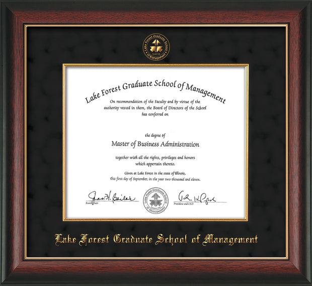 Image of Lake Forest Graduate School of Management Diploma Frame - Rosewood with Gold Lip - w/Embossed LFGSM Seal & Name - with Museum Glass - Fillet - Black Suede mat