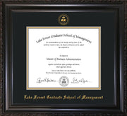 Image of Lake Forest Graduate School of Management Diploma Frame - Vintage Black Scoop - w/Embossed LFGSM Seal & Name - with Museum Glass - Black on Gold mat