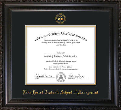 Image of Lake Forest Graduate School of Management Diploma Frame - Vintage Black Scoop - w/Embossed LFGSM Seal & Name - with UV Glass - Black on Gold mat