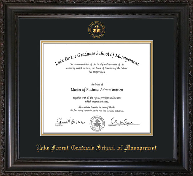 Image of Lake Forest Graduate School of Management Diploma Frame - Vintage Black Scoop - w/Embossed LFGSM Seal & Name - with UV Glass - Black on Gold mat