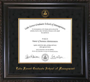 Image of Lake Forest Graduate School of Management Diploma Frame - Vintage Black Scoop - w/Embossed LFGSM Seal & Name - with Museum Glass - Fillet - Black Suede mat