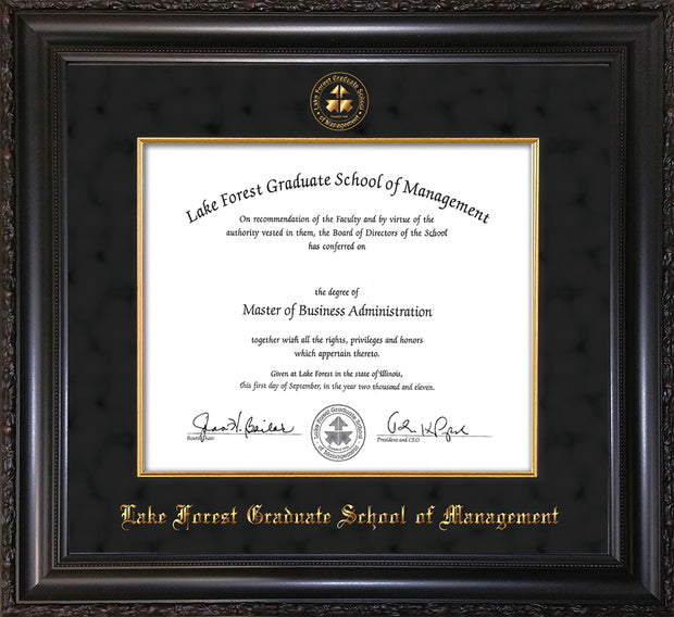 Image of Lake Forest Graduate School of Management Diploma Frame - Vintage Black Scoop - w/Embossed LFGSM Seal & Name - with Museum Glass - Fillet - Black Suede mat