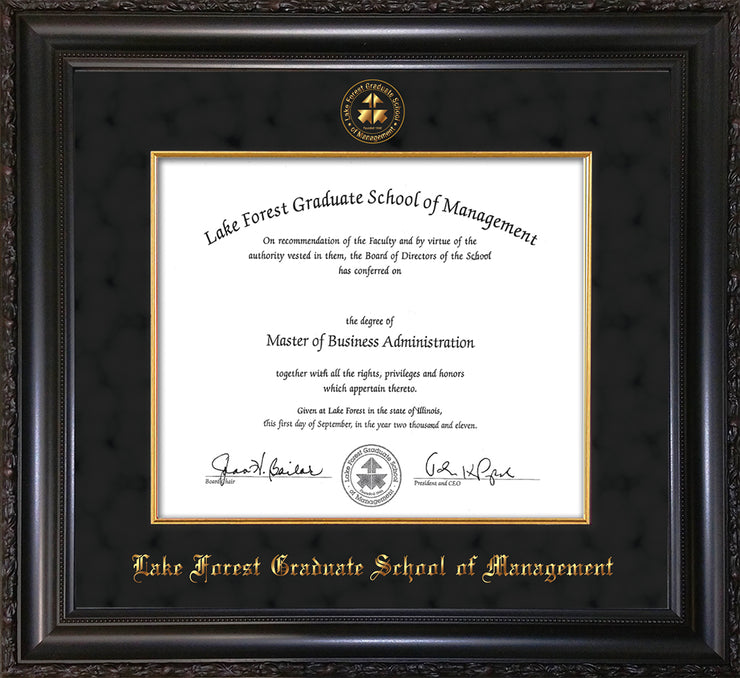 Image of Lake Forest Graduate School of Management Diploma Frame - Vintage Black Scoop - w/Embossed LFGSM Seal & Name - with Museum Glass - Fillet - Black Suede mat