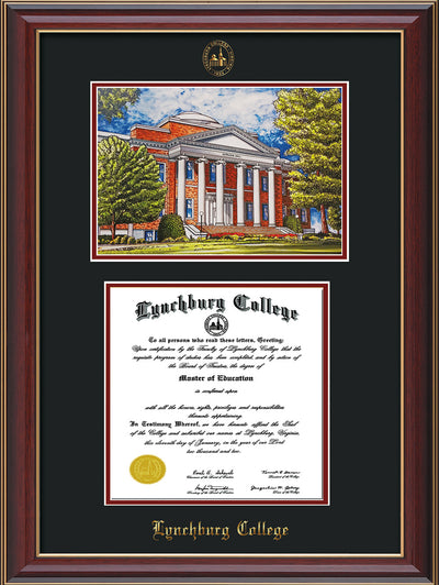 Image of Lynchburg College Diploma Frame - Cherry Lacquer - w/Embossed LC Seal & Name - w/Campus Watercolor - Black on Crimson mat