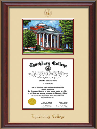 Image of Lynchburg College Diploma Frame - Cherry Lacquer - w/Embossed LC Seal & Name - w/Campus Watercolor - Cream on Crimson mat
