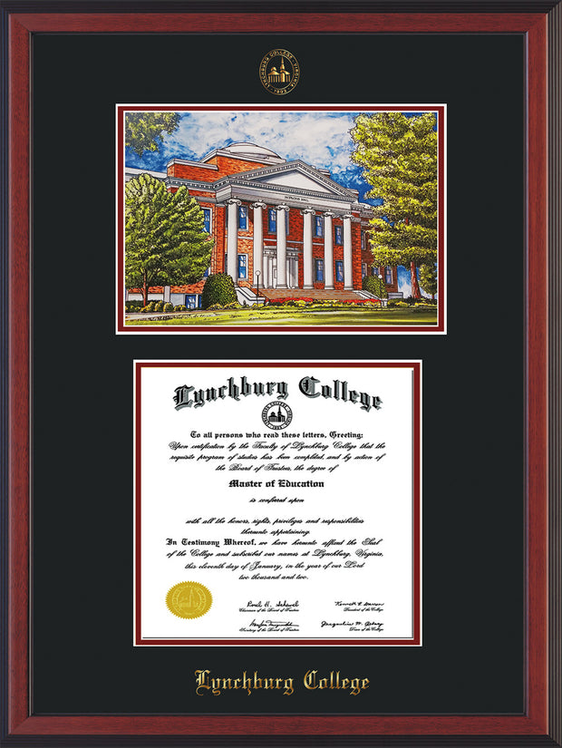 Image of Lynchburg College Diploma Frame - Cherry Reverse - w/Embossed LC Seal & Name - w/Campus Watercolor - Black on Crimson mat