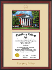 Image of Lynchburg College Diploma Frame - Cherry Reverse - w/Embossed LC Seal & Name - w/Campus Watercolor - Cream on Crimson mat